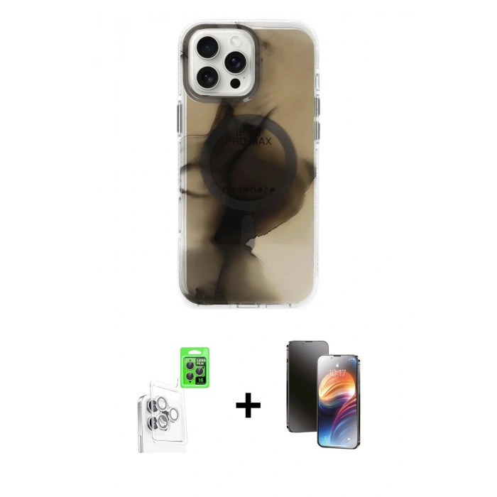 MARSİLYAN™- iPhone 16 Pro Kılıf Ufuk Doku Prime - Siyah 3D Antistatik Mat Seramik Nano Ekran Koruyucu + Raze Metal Kamera Lens - BZ