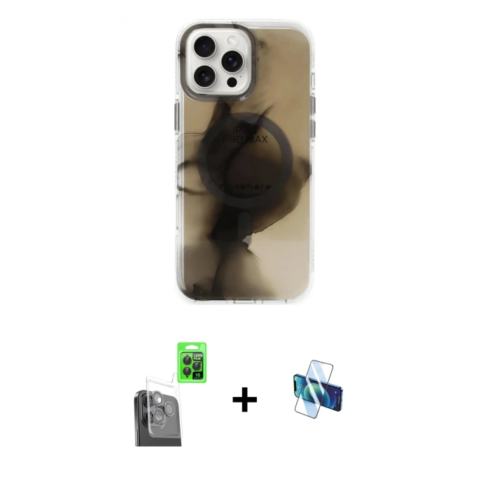 MARSİLYAN™- iPhone 16 Pro Kılıf Ufuk Doku Prime - Siyah 3D Antistatik Seramik Nano Ekran Koruyucu + Raze Metal Kamera Lens - SH