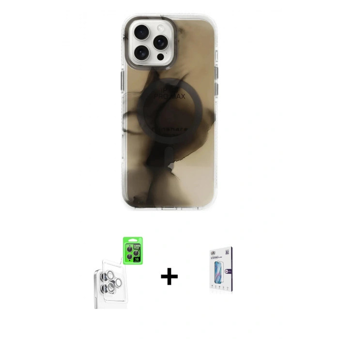 MARSİLYAN™- iPhone 16 Pro Kılıf Ufuk Doku Prime - Siyah Bilvis 0.18mm Plus Cam Ekran Koruyucu + Raze Metal Kamera Lens - BZ