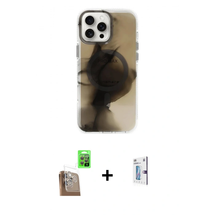 MARSİLYAN™- iPhone 16 Pro Kılıf Ufuk Doku Prime - Siyah Bilvis 0.18mm Plus Cam Ekran Koruyucu + Raze Metal Kamera Lens - CLTM