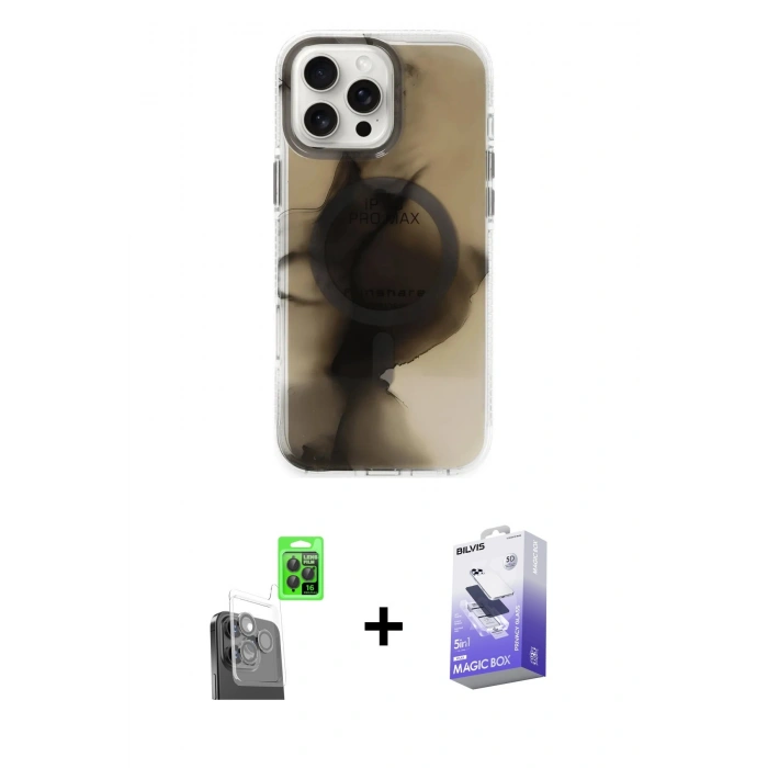 MARSİLYAN™- iPhone 16 Pro Kılıf Ufuk Doku Prime - Siyah Bilvis 5in1 5D Magic Hayalet Cam Ekran Koruyucu + Raze Metal Kamera Lens - SH