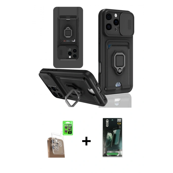 MARSİLYAN™- iPhone 16 Pro Kılıf Vadi Form Prime - Siyah 360 Mat Full Body Arka Koruyucu + Çöl Titanyum Raze Metal Kamera Lens