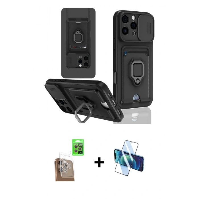 MARSİLYAN™- iPhone 16 Pro Kılıf Vadi Form Prime - Siyah 3D Antistatik Cam Ekran Koruyucu + Raze Metal Kamera Lens - CLTM