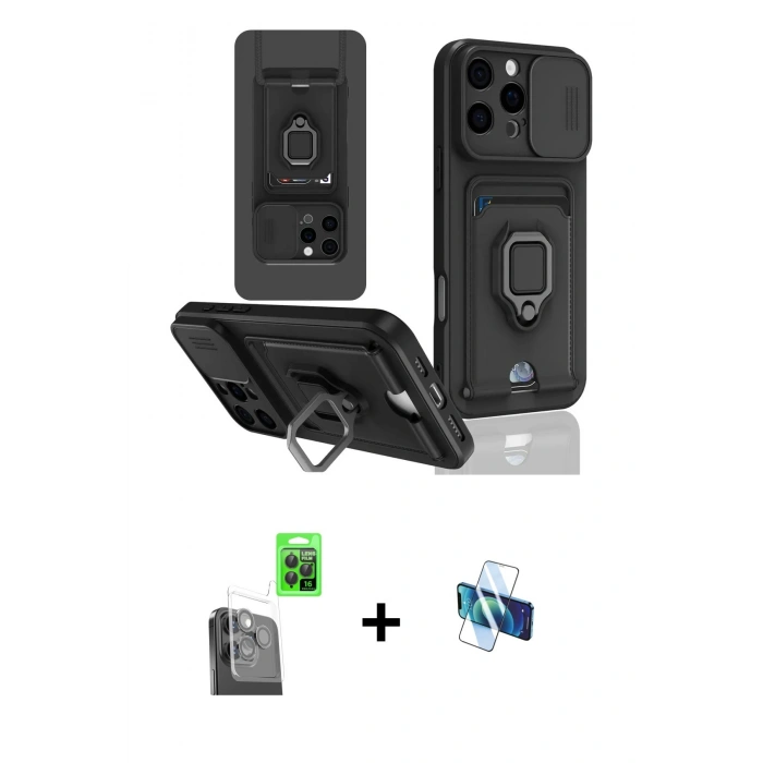 MARSİLYAN™- iPhone 16 Pro Kılıf Vadi Form Prime - Siyah 3D Antistatik Seramik Nano Ekran Koruyucu + Raze Metal Kamera Lens - SH