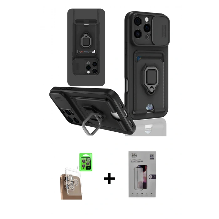 MARSİLYAN™- iPhone 16 Pro Kılıf Vadi Form Prime - Siyah Bilvis 3D Mat Cam Ekran Koruyucu + Çöl Titanyum Raze Metal Kamera Lens