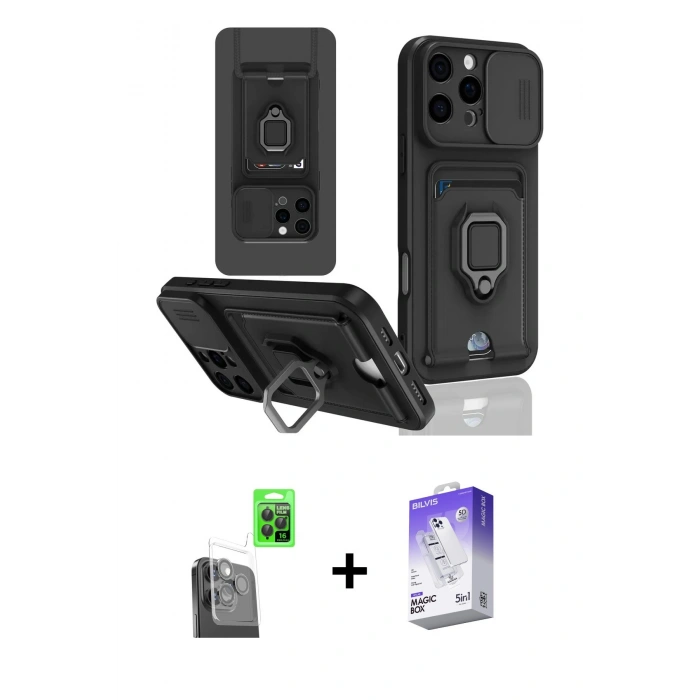 MARSİLYAN™- iPhone 16 Pro Kılıf Vadi Form Prime - Siyah Bilvis 5in1 3D Magic Cam Ekran Koruyucu + Raze Metal Kamera Lens - SH