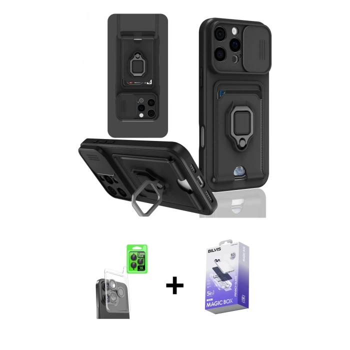 MARSİLYAN™- iPhone 16 Pro Kılıf Vadi Form Prime - Siyah Bilvis 5in1 5D Magic Hayalet Cam Ekran Koruyucu + Raze Metal Kamera Lens - SH