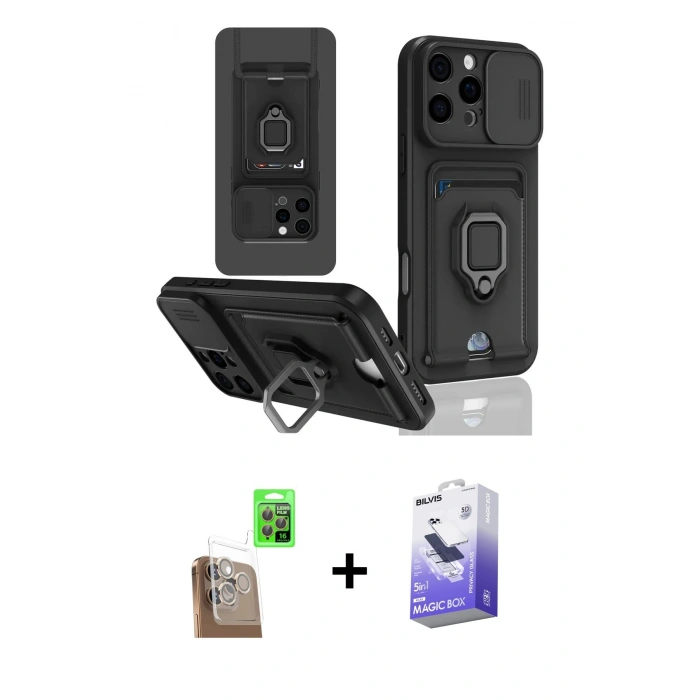 MARSİLYAN™- iPhone 16 Pro Kılıf Vadi Form Prime - Siyah Bilvis 5in1 5D Magic Hayalet Cam Ekran Koruyucu + Raze Metal Kamera Lens - CLTM