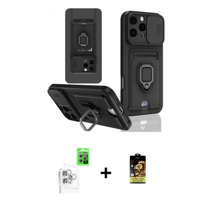 MARSİLYAN™- iPhone 16 Pro Kılıf Vadi Form Prime - Siyah Buffer Cam Ekran Koruyucu + Raze Metal Kamera Lens - BZ