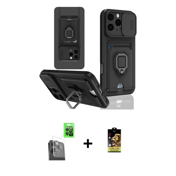 MARSİLYAN™- iPhone 16 Pro Kılıf Vadi Form Prime - Siyah Buffer Cam Ekran Koruyucu + Raze Metal Kamera Lens - SH