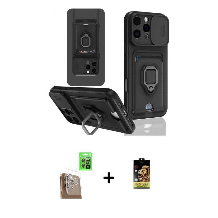 MARSİLYAN™- iPhone 16 Pro Kılıf Vadi Form Prime - Siyah Buffer Cam Ekran Koruyucu + Raze Metal Kamera Lens - CLTM