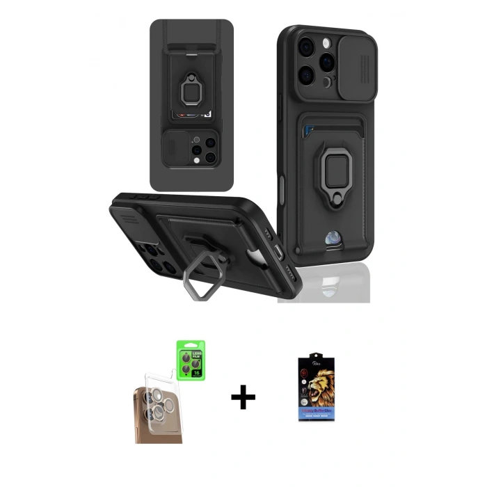 MARSİLYAN™- iPhone 16 Pro Kılıf Vadi Form Prime - Siyah Buffer Hayalet Cam Ekran Koruyucu + Raze Metal Kamera Lens - CLTM