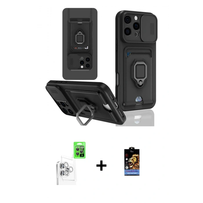 MARSİLYAN™- iPhone 16 Pro Kılıf Vadi Form Prime - Siyah Buffer Hayalet Cam Ekran Koruyucu + Raze Metal Kamera Lens - BZ