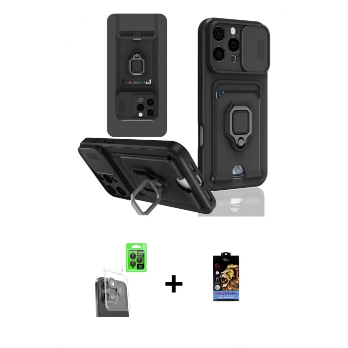 MARSİLYAN™- iPhone 16 Pro Kılıf Vadi Form Prime - Siyah Buffer Hayalet Cam Ekran Koruyucu + Raze Metal Kamera Lens - SH