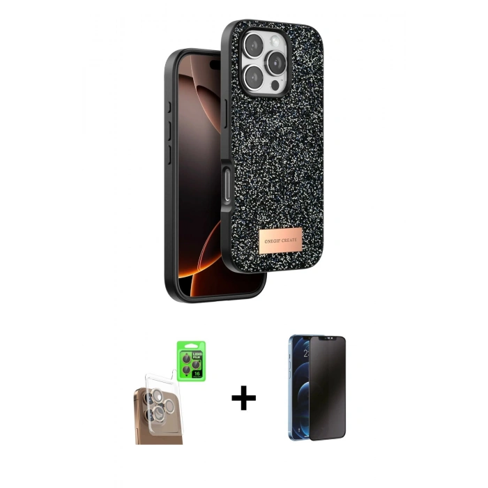 MARSİLYAN™- iPhone 16 Pro Kılıf Vadi Klasik Serisi - Siyah 3D Antistatik Hayalet Cam Ekran Koruyucu + Raze Metal Kamera Lens - CLTM