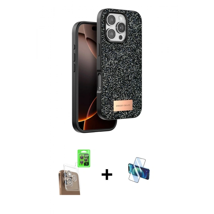MARSİLYAN™- iPhone 16 Pro Kılıf Vadi Klasik Serisi - Siyah 3D Antistatik Seramik Nano Ekran Koruyucu + Raze Metal Kamera Lens - CLTM