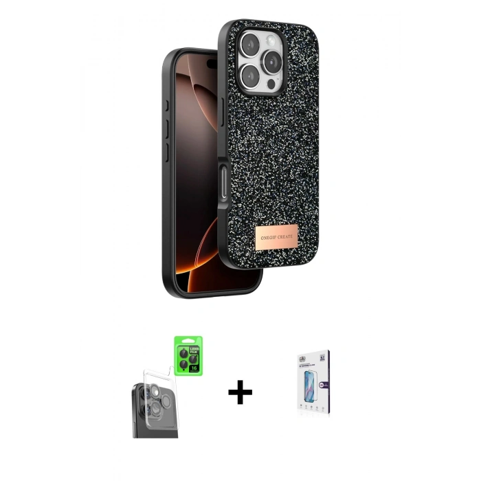 MARSİLYAN™- iPhone 16 Pro Kılıf Vadi Klasik Serisi - Siyah Bilvis 0.18mm Plus Cam Ekran Koruyucu + Raze Metal Kamera Lens - SH