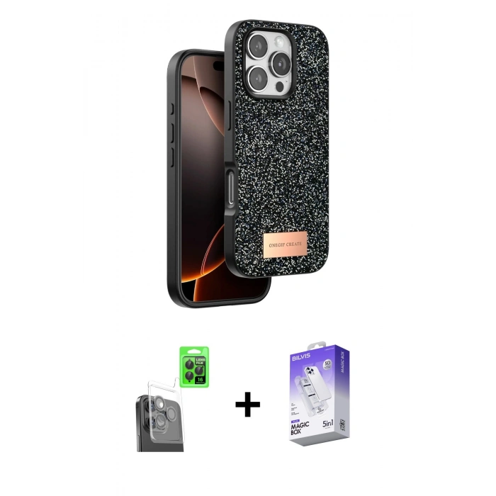 MARSİLYAN™- iPhone 16 Pro Kılıf Vadi Klasik Serisi - Siyah Bilvis 5in1 3D Magic Cam Ekran Koruyucu + Raze Metal Kamera Lens - SH