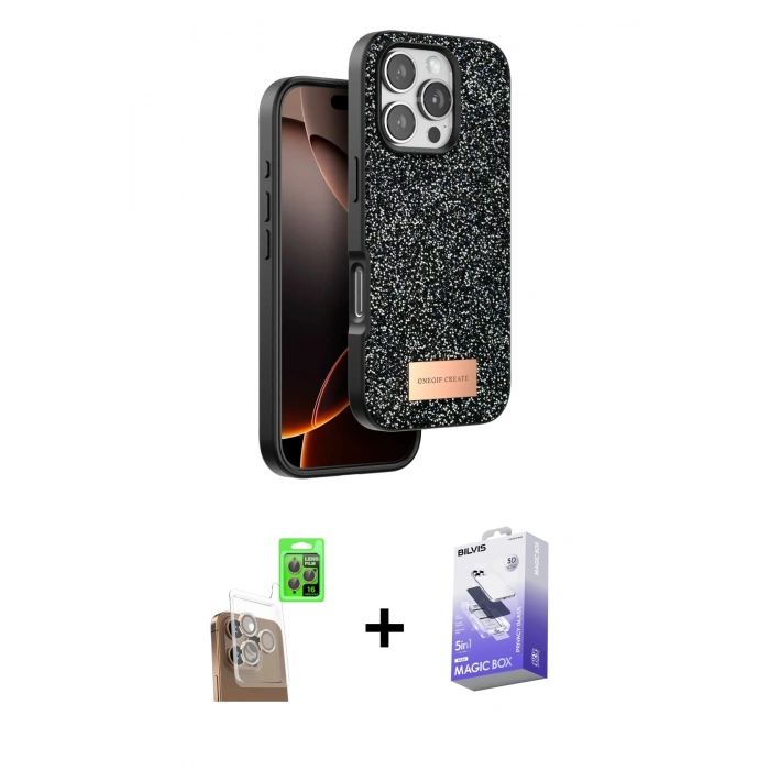 MARSİLYAN™- iPhone 16 Pro Kılıf Vadi Klasik Serisi - Siyah Bilvis 5in1 5D Magic Hayalet Cam Ekran Koruyucu + Raze Metal Kamera Lens - CLTM