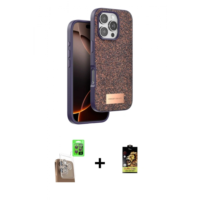 MARSİLYAN™- iPhone 16 Pro Kılıf Vadi Klasik Serisi - Siyah Buffer Cam Ekran Koruyucu + Raze Metal Kamera Lens - CLTM
