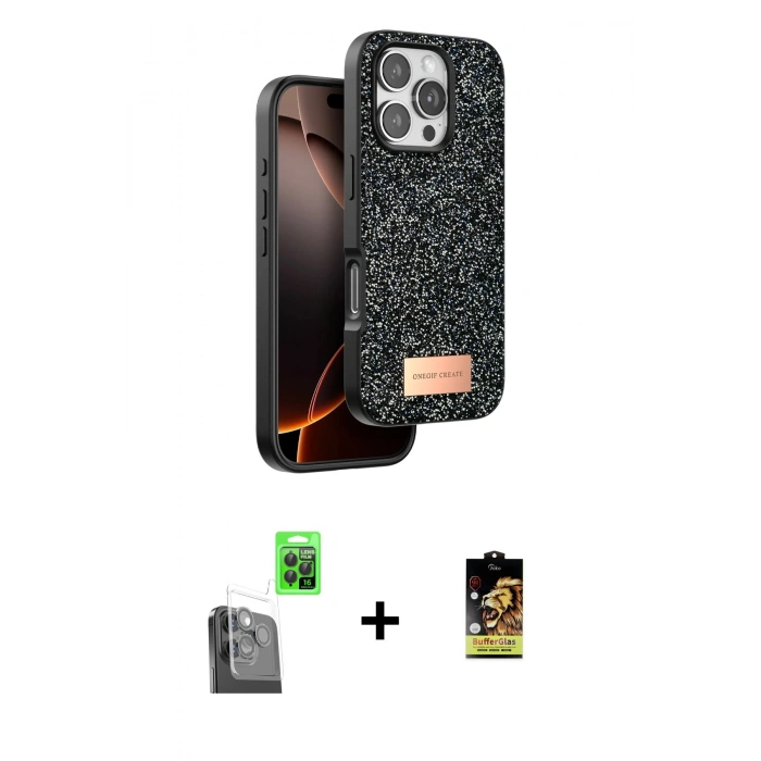 MARSİLYAN™- iPhone 16 Pro Kılıf Vadi Klasik Serisi - Siyah Buffer Cam Ekran Koruyucu + Raze Metal Kamera Lens - SH