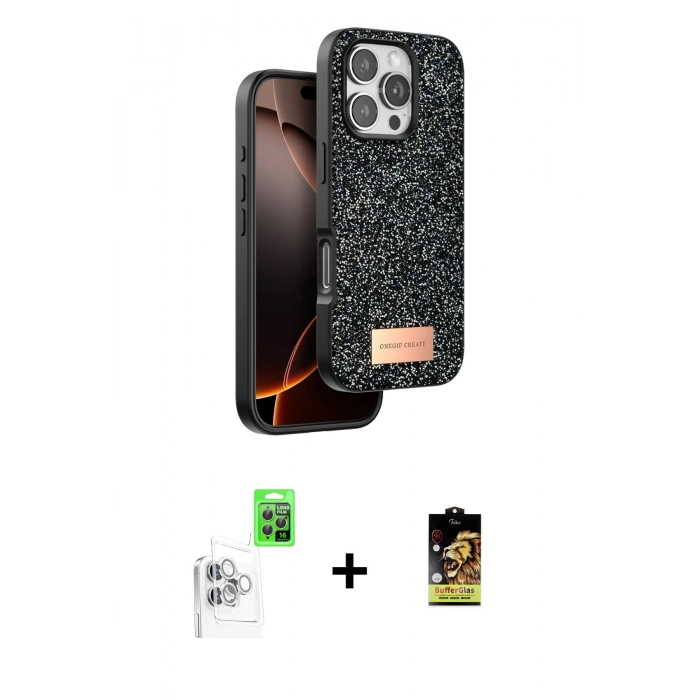 MARSİLYAN™- iPhone 16 Pro Kılıf Vadi Klasik Serisi - Siyah Buffer Cam Ekran Koruyucu + Raze Metal Kamera Lens - BZ