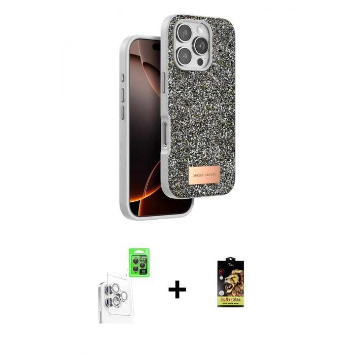 MARSİLYAN™- iPhone 16 Pro Kılıf Vadi Klasik Serisi - Siyah Buffer Cam Ekran Koruyucu + Raze Metal Kamera Lens - BZ