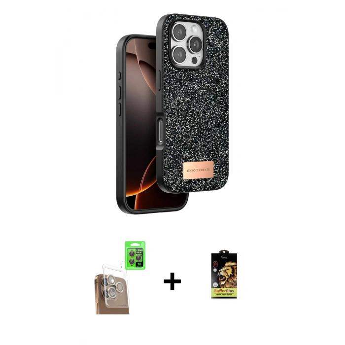 MARSİLYAN™- iPhone 16 Pro Kılıf Vadi Klasik Serisi - Siyah Buffer Cam Ekran Koruyucu + Raze Metal Kamera Lens - CLTM