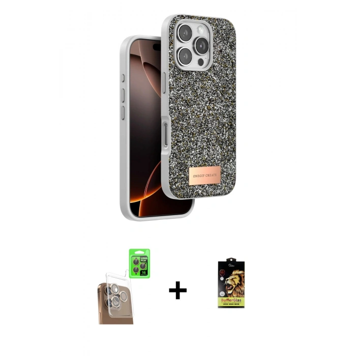 MARSİLYAN™- iPhone 16 Pro Kılıf Vadi Klasik Serisi - Siyah Buffer Cam Ekran Koruyucu + Raze Metal Kamera Lens - CLTM
