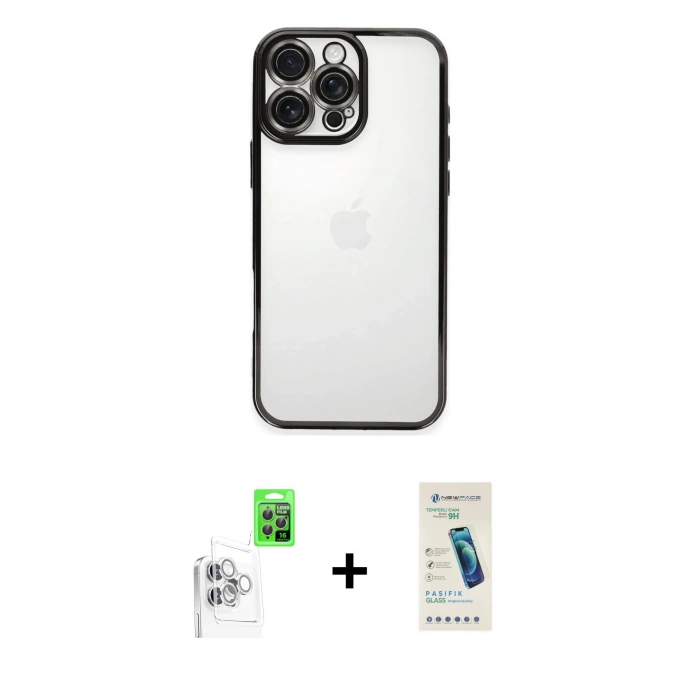 MARSİLYAN™- iPhone 16 Pro Kılıf Vadi Minimal - Şeffaf Pasifik Cam Ekran Koruyucu + Raze Metal Kamera Lens - BZ