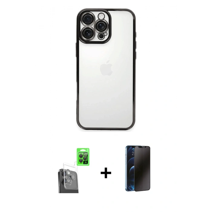 MARSİLYAN™- iPhone 16 Pro Kılıf Vadi Minimal - Siyah 3D Antistatik Hayalet Cam Ekran Koruyucu + Raze Metal Kamera Lens - SH