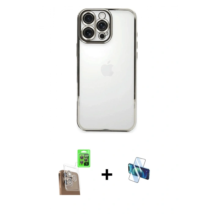 MARSİLYAN™- iPhone 16 Pro Kılıf Vadi Minimal - Siyah 3D Antistatik Seramik Nano Ekran Koruyucu + Çöl Titanyum Raze Metal Kamera Lens