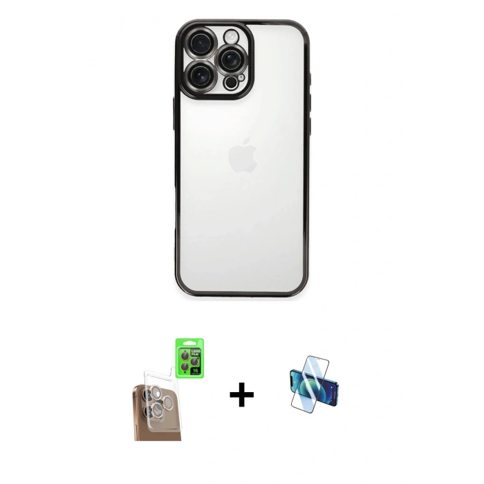 MARSİLYAN™- iPhone 16 Pro Kılıf Vadi Minimal - Siyah 3D Antistatik Seramik Nano Ekran Koruyucu + Raze Metal Kamera Lens - CLTM
