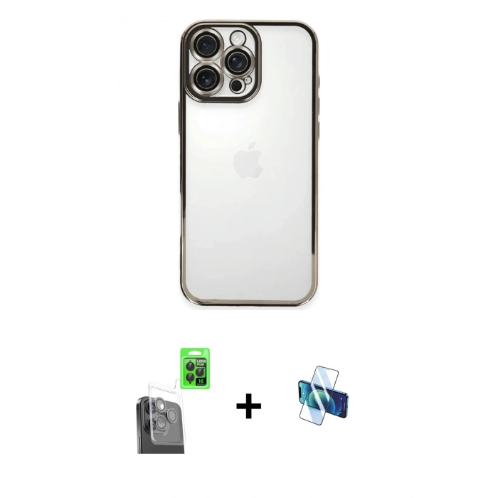 MARSİLYAN™- iPhone 16 Pro Kılıf Vadi Minimal - Siyah 3D Antistatik Seramik Nano Ekran Koruyucu + Siyah Raze Metal Kamera Lens