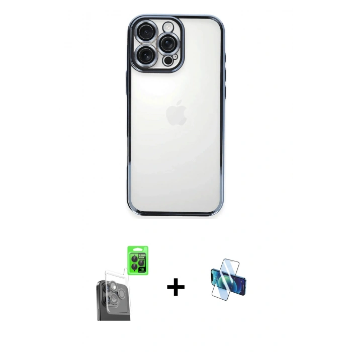 MARSİLYAN™- iPhone 16 Pro Kılıf Vadi Minimal - Siyah 3D Antistatik Seramik Nano Ekran Koruyucu + Siyah Raze Metal Kamera Lens