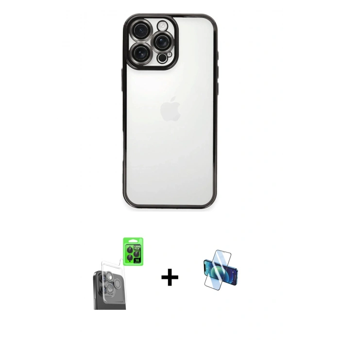 MARSİLYAN™- iPhone 16 Pro Kılıf Vadi Minimal - Siyah 3D Antistatik Seramik Nano Ekran Koruyucu + Siyah Raze Metal Kamera Lens