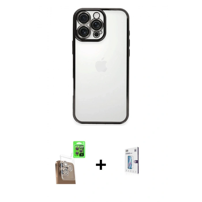 MARSİLYAN™- iPhone 16 Pro Kılıf Vadi Minimal - Siyah Bilvis 0.18mm Plus Cam Ekran Koruyucu + Raze Metal Kamera Lens - CLTM
