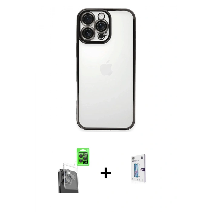MARSİLYAN™- iPhone 16 Pro Kılıf Vadi Minimal - Siyah Bilvis 0.18mm Plus Cam Ekran Koruyucu + Raze Metal Kamera Lens - SH