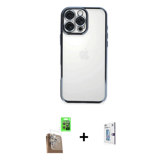 MARSİLYAN™- iPhone 16 Pro Kılıf Vadi Minimal - Siyah Bilvis 0.18mm Plus Cam Ekran Koruyucu + Raze Metal Kamera Lens - CLTM