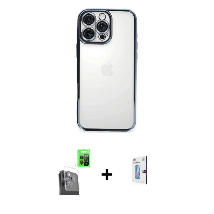 MARSİLYAN™- iPhone 16 Pro Kılıf Vadi Minimal - Siyah Bilvis 0.18mm Plus Cam Ekran Koruyucu + Raze Metal Kamera Lens - SH