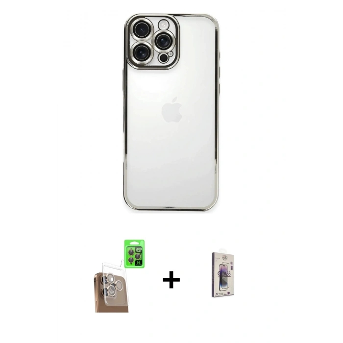 MARSİLYAN™- iPhone 16 Pro Kılıf Vadi Minimal - Siyah Bilvis 3D Cam Ekran Koruyucu + Raze Metal Kamera Lens - CLTM