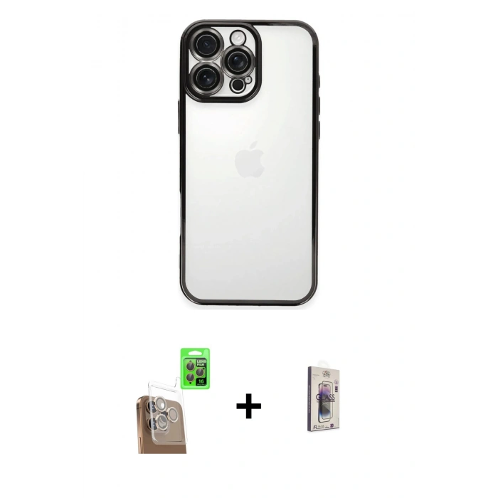 MARSİLYAN™- iPhone 16 Pro Kılıf Vadi Minimal - Siyah Bilvis 3D Cam Ekran Koruyucu + Raze Metal Kamera Lens - CLTM