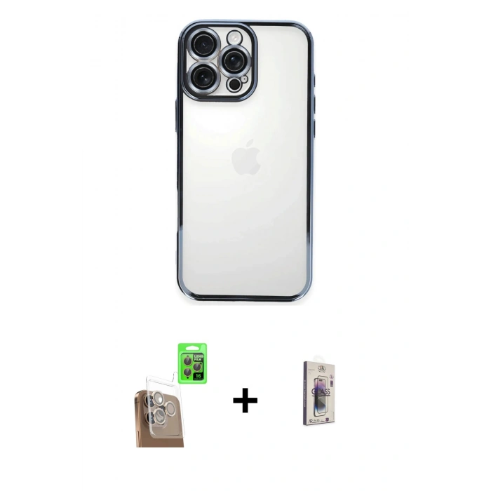 MARSİLYAN™- iPhone 16 Pro Kılıf Vadi Minimal - Siyah Bilvis 3D Cam Ekran Koruyucu + Raze Metal Kamera Lens - CLTM