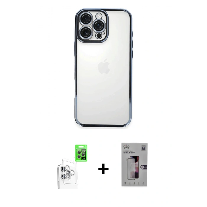 MARSİLYAN™- iPhone 16 Pro Kılıf Vadi Minimal - Siyah Bilvis 3D Mat Cam Ekran Koruyucu + Raze Metal Kamera Lens - BZ