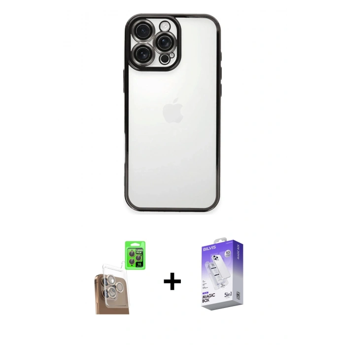 MARSİLYAN™- iPhone 16 Pro Kılıf Vadi Minimal - Siyah Bilvis 5in1 3D Magic Cam Ekran Koruyucu + Raze Metal Kamera Lens - CLTM