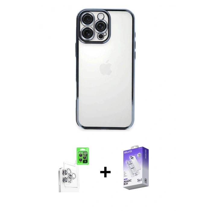 MARSİLYAN™- iPhone 16 Pro Kılıf Vadi Minimal - Siyah Bilvis 5in1 3D Magic Cam Ekran Koruyucu + Raze Metal Kamera Lens - BZ