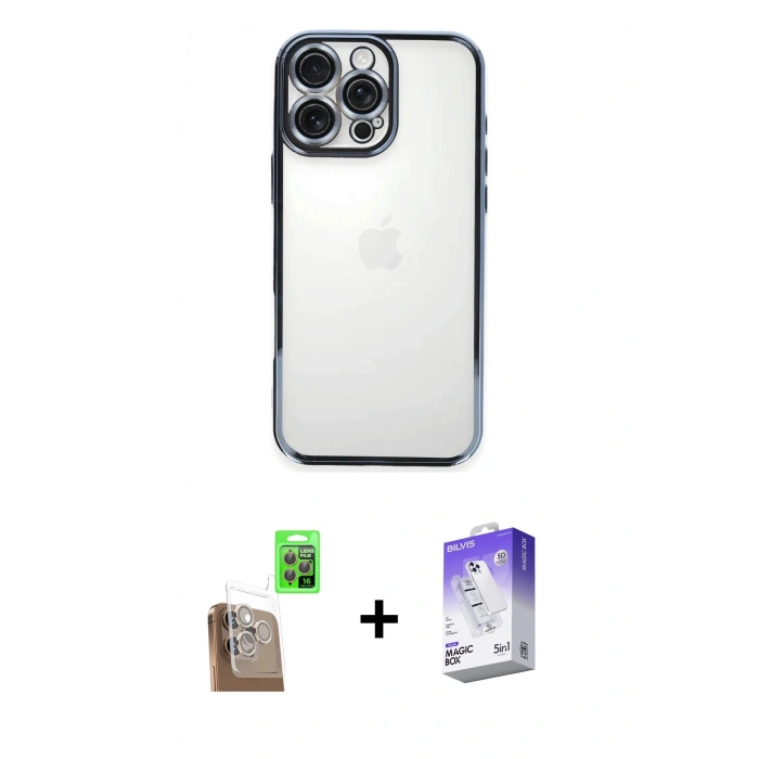 MARSİLYAN™- iPhone 16 Pro Kılıf Vadi Minimal - Siyah Bilvis 5in1 3D Magic Cam Ekran Koruyucu + Raze Metal Kamera Lens - CLTM