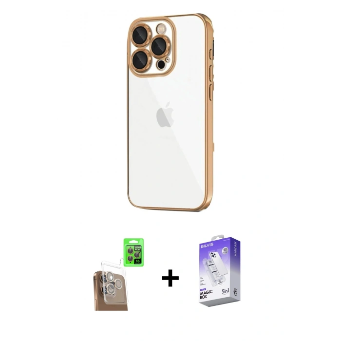 MARSİLYAN™- iPhone 16 Pro Kılıf Vadi Minimal - Siyah Bilvis 5in1 3D Magic Cam Ekran Koruyucu + Raze Metal Kamera Lens - CLTM