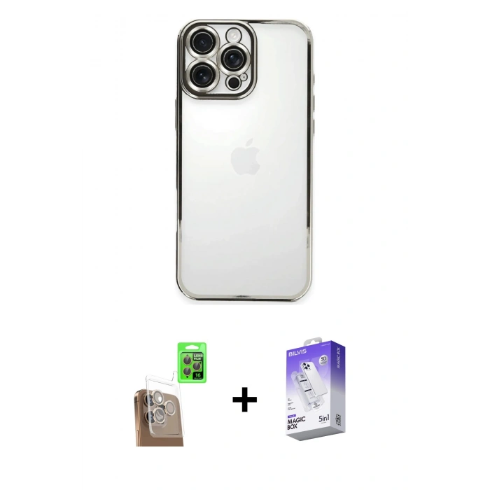 MARSİLYAN™- iPhone 16 Pro Kılıf Vadi Minimal - Siyah Bilvis 5in1 3D Magic Cam Ekran Koruyucu + Raze Metal Kamera Lens - CLTM