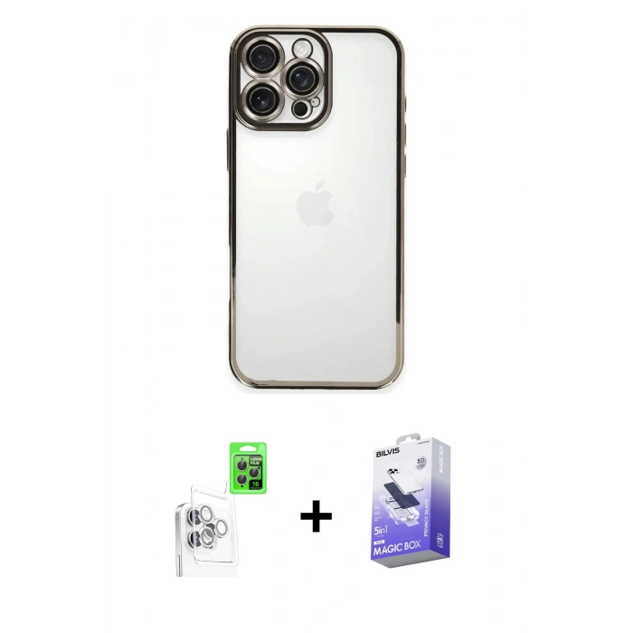 MARSİLYAN™- iPhone 16 Pro Kılıf Vadi Minimal - Siyah Bilvis 5in1 5D Magic Hayalet Cam Ekran Koruyucu + Raze Metal Kamera Lens - BZ